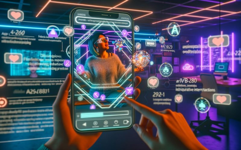 Marketer betrachtet futuristischen TikTok-Feed auf Smartphone mit AR/VR-Effekten in neonbeleuchteter Umgebung, umgeben von Dashboards und VR-Headsets.
