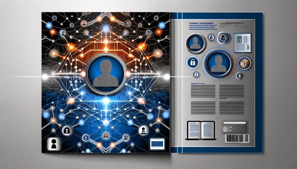 Moderne Titelseite eines Business-Magazins mit digitalem Netzwerk aus leuchtenden Datenpunkten, stilisiertem Kundenprofil, verbundenen Geräten und Icons für Datenschutz und Compliance.