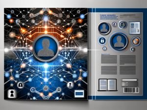 Moderne Titelseite eines Business-Magazins mit digitalem Netzwerk aus leuchtenden Datenpunkten, stilisiertem Kundenprofil, verbundenen Geräten und Icons für Datenschutz und Compliance.