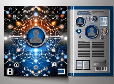Moderne Titelseite eines Business-Magazins mit digitalem Netzwerk aus leuchtenden Datenpunkten, stilisiertem Kundenprofil, verbundenen Geräten und Icons für Datenschutz und Compliance.