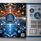 Moderne Titelseite eines Business-Magazins mit digitalem Netzwerk aus leuchtenden Datenpunkten, stilisiertem Kundenprofil, verbundenen Geräten und Icons für Datenschutz und Compliance.