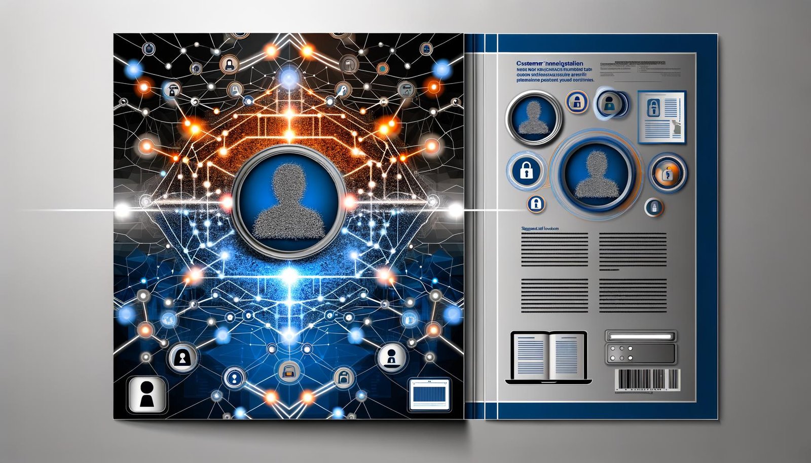 Moderne Titelseite eines Business-Magazins mit digitalem Netzwerk aus leuchtenden Datenpunkten, stilisiertem Kundenprofil, verbundenen Geräten und Icons für Datenschutz und Compliance.
