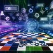 Editorial-Illustration mit Schachbrett-Landschaft, auf der Spielfiguren wie Content, Daten, technische Elemente, Keywords und Nutzer-Signale SEO-Maßnahmen 2025 symbolisieren. Im Hintergrund verschwimmen digitale Algorithmen, Symbole für KI und Analytics-Dashboards.