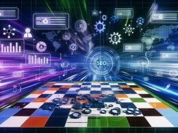 Editorial-Illustration mit Schachbrett-Landschaft, auf der Spielfiguren wie Content, Daten, technische Elemente, Keywords und Nutzer-Signale SEO-Maßnahmen 2025 symbolisieren. Im Hintergrund verschwimmen digitale Algorithmen, Symbole für KI und Analytics-Dashboards.