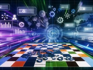 Editorial-Illustration mit Schachbrett-Landschaft, auf der Spielfiguren wie Content, Daten, technische Elemente, Keywords und Nutzer-Signale SEO-Maßnahmen 2025 symbolisieren. Im Hintergrund verschwimmen digitale Algorithmen, Symbole für KI und Analytics-Dashboards.