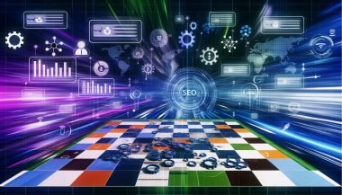 Editorial-Illustration mit Schachbrett-Landschaft, auf der Spielfiguren wie Content, Daten, technische Elemente, Keywords und Nutzer-Signale SEO-Maßnahmen 2025 symbolisieren. Im Hintergrund verschwimmen digitale Algorithmen, Symbole für KI und Analytics-Dashboards.