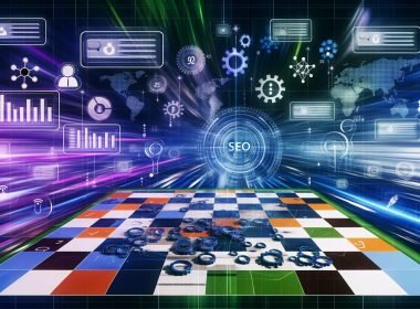 Editorial-Illustration mit Schachbrett-Landschaft, auf der Spielfiguren wie Content, Daten, technische Elemente, Keywords und Nutzer-Signale SEO-Maßnahmen 2025 symbolisieren. Im Hintergrund verschwimmen digitale Algorithmen, Symbole für KI und Analytics-Dashboards.