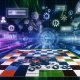 Editorial-Illustration mit Schachbrett-Landschaft, auf der Spielfiguren wie Content, Daten, technische Elemente, Keywords und Nutzer-Signale SEO-Maßnahmen 2025 symbolisieren. Im Hintergrund verschwimmen digitale Algorithmen, Symbole für KI und Analytics-Dashboards.