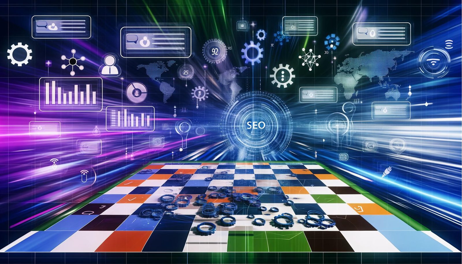 Editorial-Illustration mit Schachbrett-Landschaft, auf der Spielfiguren wie Content, Daten, technische Elemente, Keywords und Nutzer-Signale SEO-Maßnahmen 2025 symbolisieren. Im Hintergrund verschwimmen digitale Algorithmen, Symbole für KI und Analytics-Dashboards.
