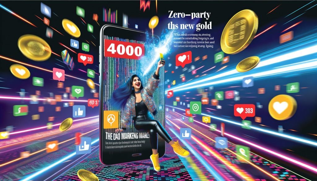 Energiegeladene Titelseite mit Smartphone, TikTok-Video, Social-Media-Icons, Goldmünzen und einem modernen Marketer vor digitalem Hintergrund.