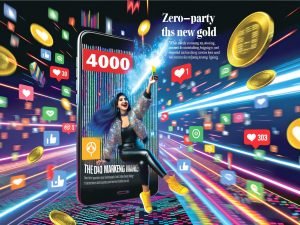 Energiegeladene Titelseite mit Smartphone, TikTok-Video, Social-Media-Icons, Goldmünzen und einem modernen Marketer vor digitalem Hintergrund.