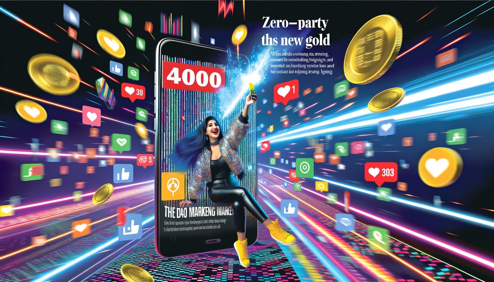 Energiegeladene Titelseite mit Smartphone, TikTok-Video, Social-Media-Icons, Goldmünzen und einem modernen Marketer vor digitalem Hintergrund.