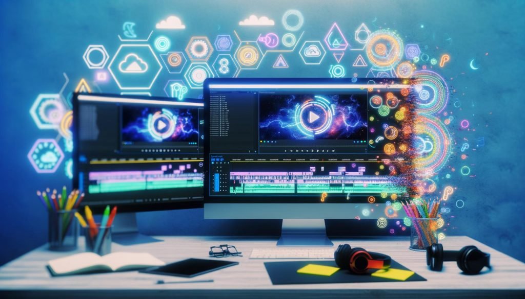 Moderner digitaler Arbeitsplatz mit mehreren Monitoren, geöffnetem Video-Editing-Programm, Kopfhörern, Notizbuch und Symbolen für Automatisierung, Cloud und KI, alles aufgeräumt und kreativ im Look.