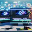 Moderner digitaler Arbeitsplatz mit mehreren Monitoren, geöffnetem Video-Editing-Programm, Kopfhörern, Notizbuch und Symbolen für Automatisierung, Cloud und KI, alles aufgeräumt und kreativ im Look.