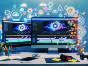 Moderner digitaler Arbeitsplatz mit mehreren Monitoren, geöffnetem Video-Editing-Programm, Kopfhörern, Notizbuch und Symbolen für Automatisierung, Cloud und KI, alles aufgeräumt und kreativ im Look.