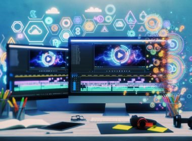 Moderner digitaler Arbeitsplatz mit mehreren Monitoren, geöffnetem Video-Editing-Programm, Kopfhörern, Notizbuch und Symbolen für Automatisierung, Cloud und KI, alles aufgeräumt und kreativ im Look.