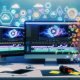Moderner digitaler Arbeitsplatz mit mehreren Monitoren, geöffnetem Video-Editing-Programm, Kopfhörern, Notizbuch und Symbolen für Automatisierung, Cloud und KI, alles aufgeräumt und kreativ im Look.