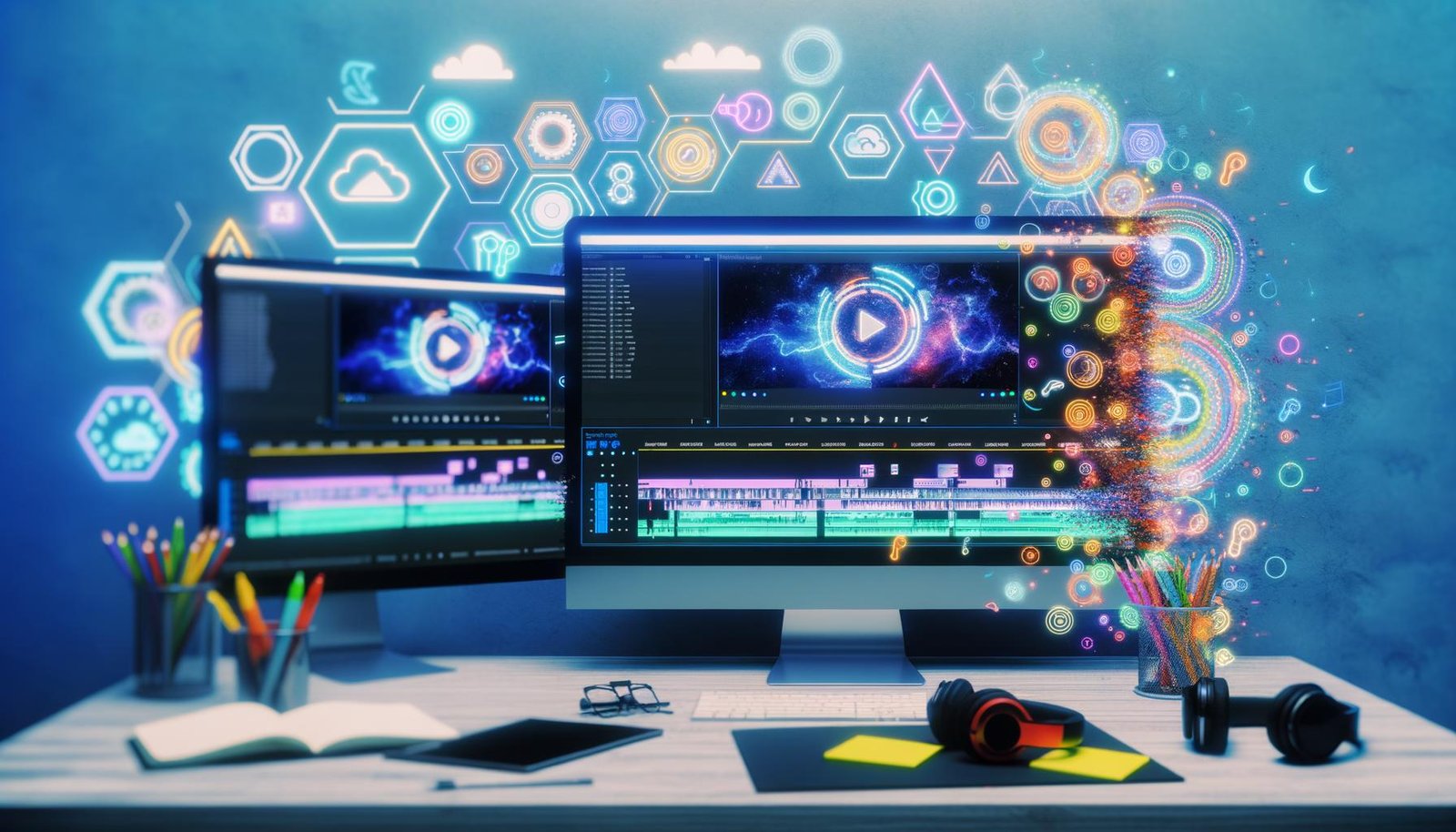 Moderner digitaler Arbeitsplatz mit mehreren Monitoren, geöffnetem Video-Editing-Programm, Kopfhörern, Notizbuch und Symbolen für Automatisierung, Cloud und KI, alles aufgeräumt und kreativ im Look.