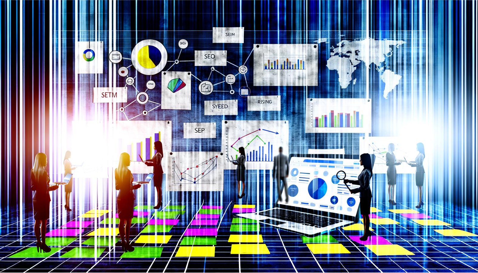 Digitales Marketing-Team analysiert SEO-Daten und Strategien an einer Wand mit Post-its, Diagrammen und Laptop, im Hintergrund Bildschirme mit SEO-Kennzahlen und Sitemaps.