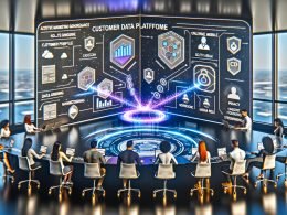 Diverses Team analysiert holografische Kundendaten-Dashboards in einem futuristischen Büro mit Fokus auf Customer Data Platform, Datenschutz und personalisiertes Marketing.