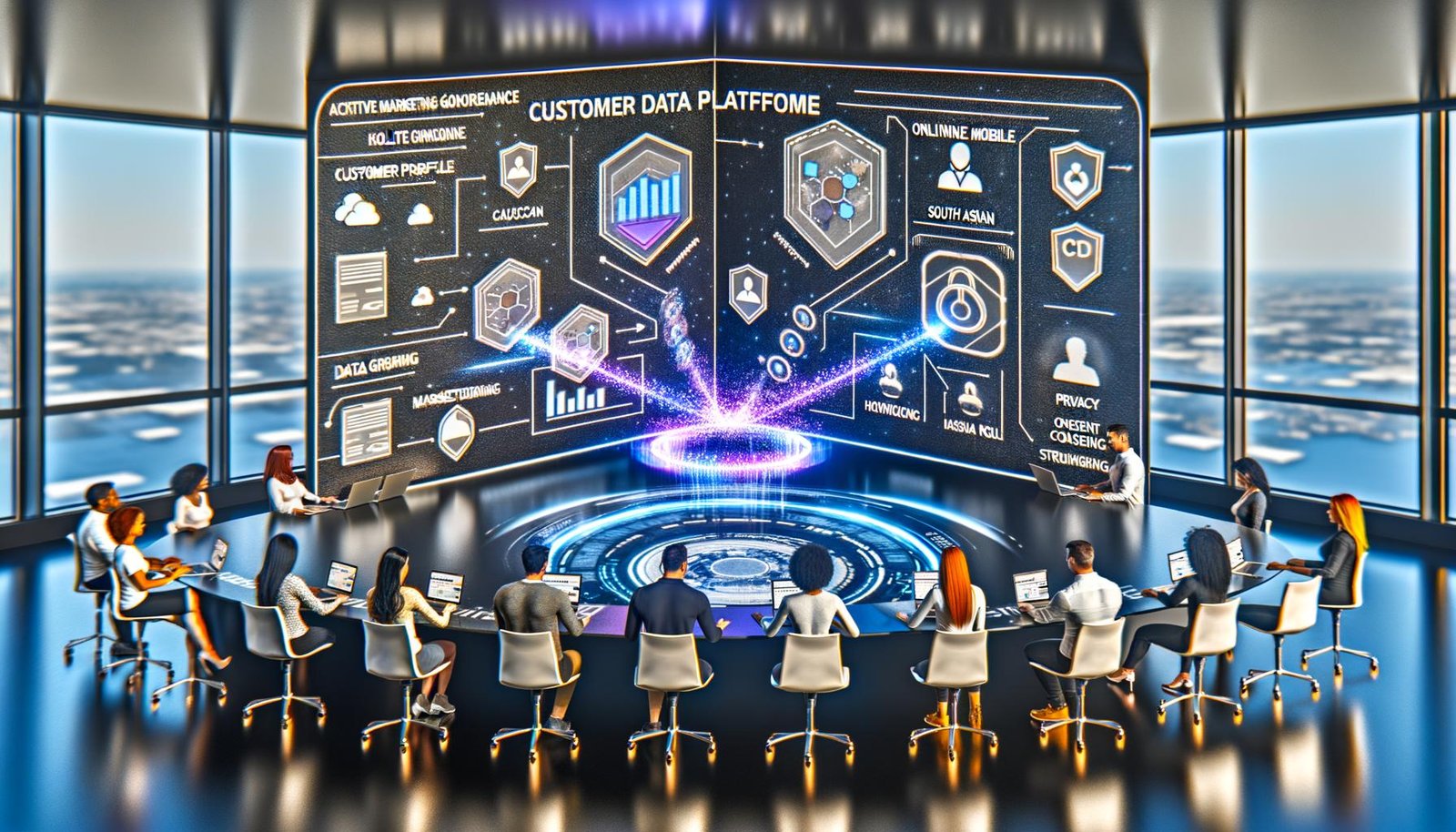 Diverses Team analysiert holografische Kundendaten-Dashboards in einem futuristischen Büro mit Fokus auf Customer Data Platform, Datenschutz und personalisiertes Marketing.