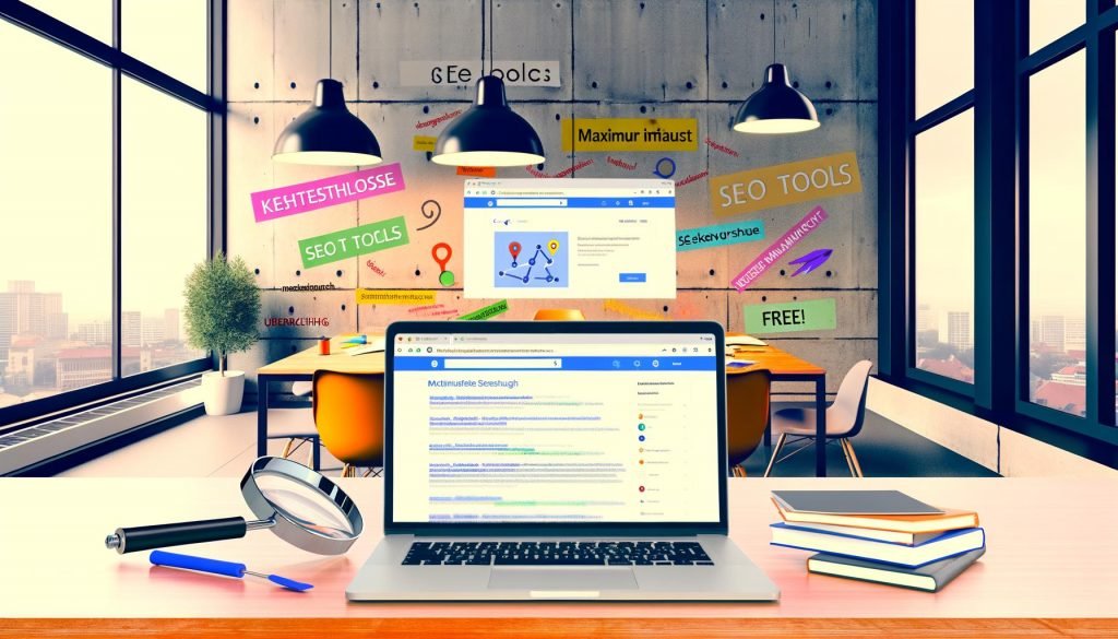 Urbanes, modernes Büro mit Laptop und mehreren geöffneten Browser-Tabs kostenloser SEO-Tools sowie Whiteboard voller handschriftlicher SEO-Strategien.
