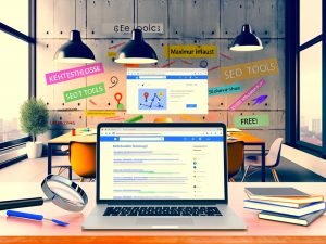 Urbanes, modernes Büro mit Laptop und mehreren geöffneten Browser-Tabs kostenloser SEO-Tools sowie Whiteboard voller handschriftlicher SEO-Strategien.