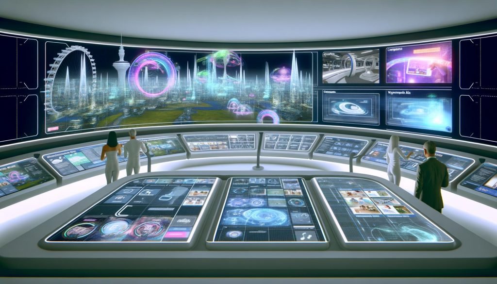 Futuristischer Kontrollraum mit 3D-Stadt, holografischen Anzeigen und Menschen an transparenten Interfaces, die digitale Werbekampagnen im Spatial Web analysieren.