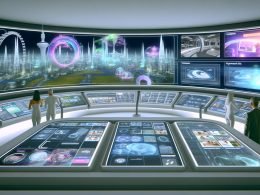 Futuristischer Kontrollraum mit 3D-Stadt, holografischen Anzeigen und Menschen an transparenten Interfaces, die digitale Werbekampagnen im Spatial Web analysieren.