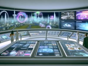 Futuristischer Kontrollraum mit 3D-Stadt, holografischen Anzeigen und Menschen an transparenten Interfaces, die digitale Werbekampagnen im Spatial Web analysieren.