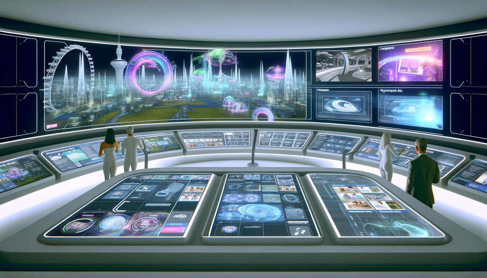 Futuristischer Kontrollraum mit 3D-Stadt, holografischen Anzeigen und Menschen an transparenten Interfaces, die digitale Werbekampagnen im Spatial Web analysieren.