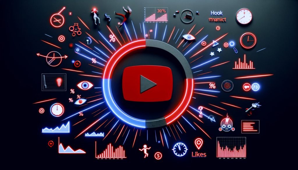 Grafisch modernes Titelbild mit rotem YouTube-Play-Button in der Mitte, umgeben von Neonlinien, Analyse-Kurven, Prozentzahlen, Watch-Time-Symbolen und energiegeladenen Creator-Szenen auf dunklem Hintergrund.