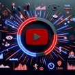 Grafisch modernes Titelbild mit rotem YouTube-Play-Button in der Mitte, umgeben von Neonlinien, Analyse-Kurven, Prozentzahlen, Watch-Time-Symbolen und energiegeladenen Creator-Szenen auf dunklem Hintergrund.
