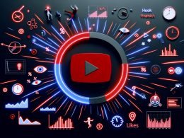 Grafisch modernes Titelbild mit rotem YouTube-Play-Button in der Mitte, umgeben von Neonlinien, Analyse-Kurven, Prozentzahlen, Watch-Time-Symbolen und energiegeladenen Creator-Szenen auf dunklem Hintergrund.