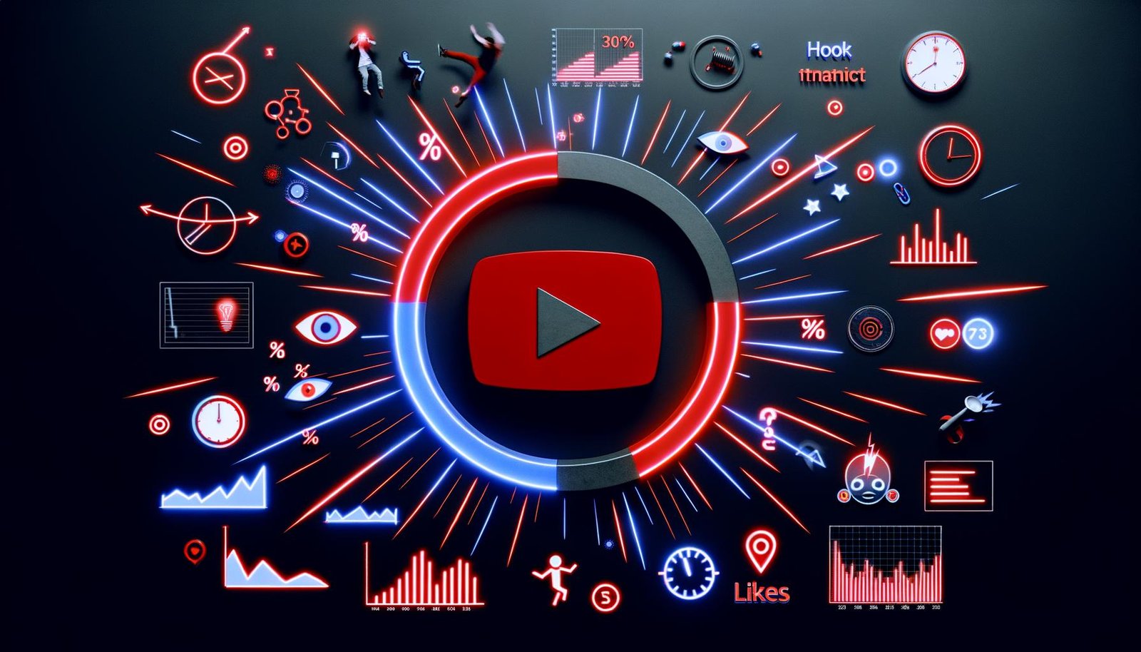Grafisch modernes Titelbild mit rotem YouTube-Play-Button in der Mitte, umgeben von Neonlinien, Analyse-Kurven, Prozentzahlen, Watch-Time-Symbolen und energiegeladenen Creator-Szenen auf dunklem Hintergrund.
