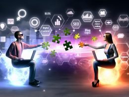 Illustration von zwei modischen Content Creators an Laptops, die digitale Content-Puzzle-Stücke über einen leuchtenden Datenstrom austauschen. Im Hintergrund verschmelzen technologische Icons zu einer urbanen Stadtlandschaft.