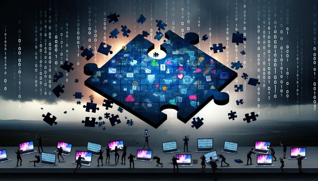 Metaphorische Darstellung fragmentierter Kundendaten als unvollständiges Puzzle, verstreute digitale Symbole, gestresste Marketer und drohende Instabilität im Hintergrund