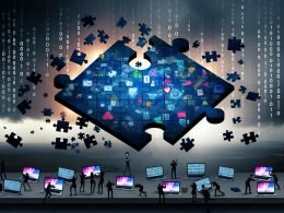 Metaphorische Darstellung fragmentierter Kundendaten als unvollständiges Puzzle, verstreute digitale Symbole, gestresste Marketer und drohende Instabilität im Hintergrund