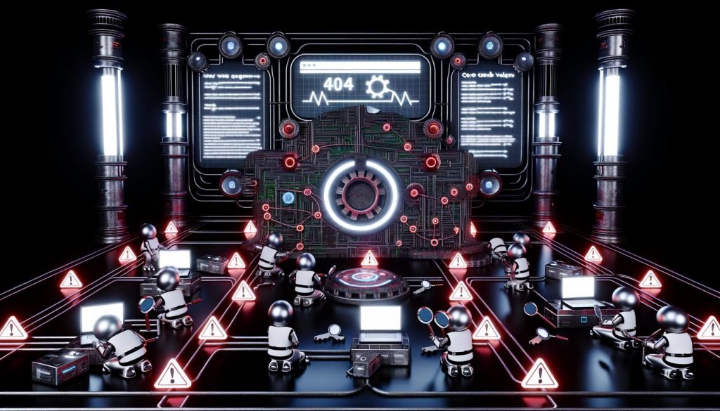 Cyberpunk-Maschinenraum mit leuchtender Website-Platine, roten Fehler-Markierungen und SEO-Experten bei der technischen Analyse.