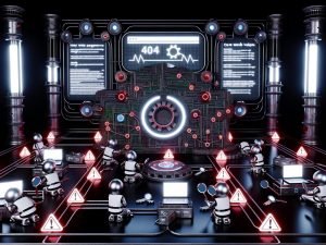 Cyberpunk-Maschinenraum mit leuchtender Website-Platine, roten Fehler-Markierungen und SEO-Experten bei der technischen Analyse.