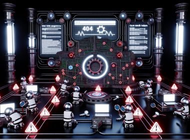 Cyberpunk-Maschinenraum mit leuchtender Website-Platine, roten Fehler-Markierungen und SEO-Experten bei der technischen Analyse.