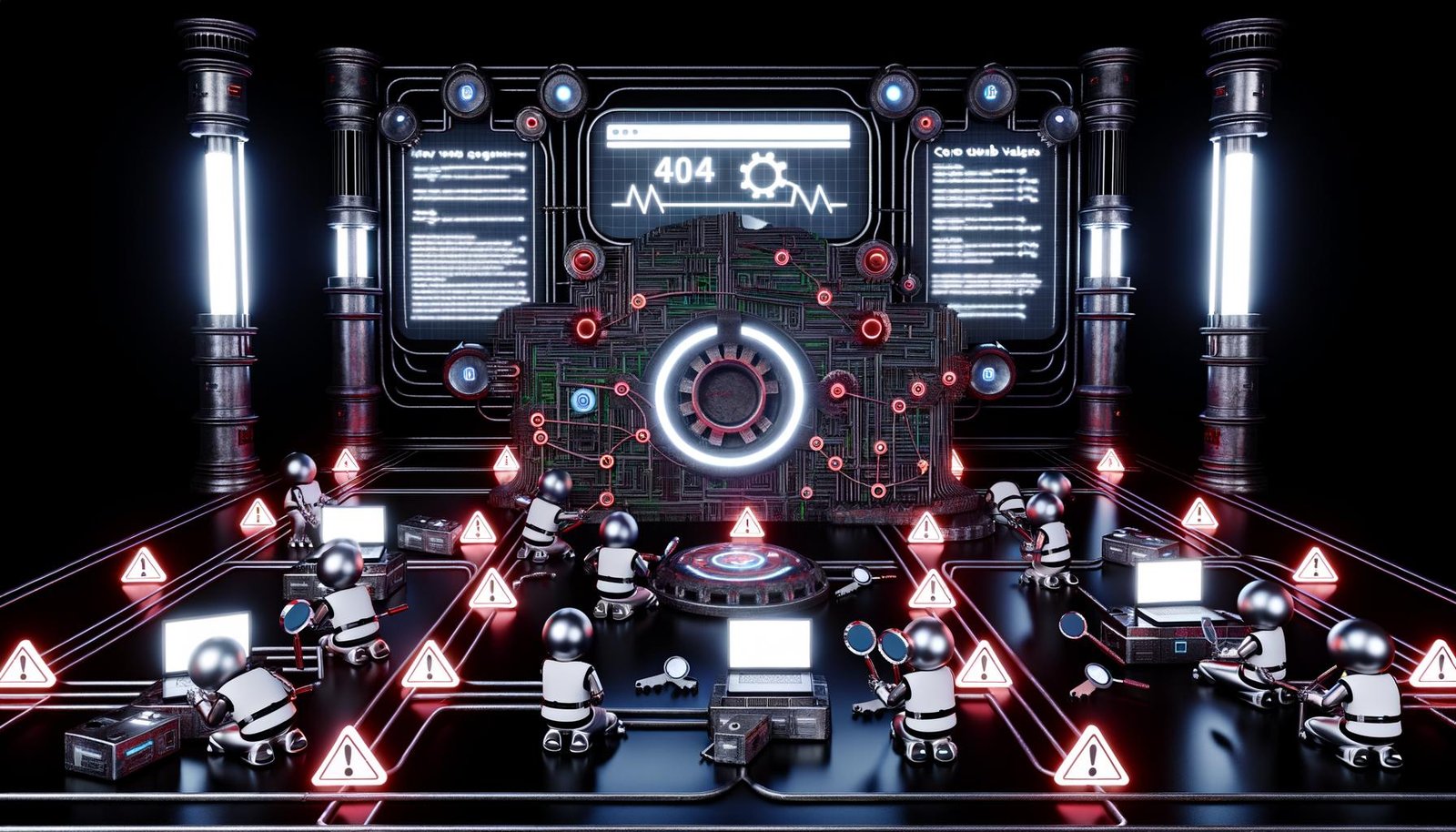 Cyberpunk-Maschinenraum mit leuchtender Website-Platine, roten Fehler-Markierungen und SEO-Experten bei der technischen Analyse.