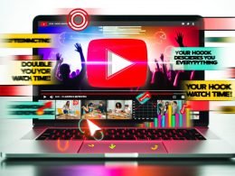 Digitale Zeitschriftentitelseite mit YouTube-Interface auf Laptop, auffälligem Play-Button, Analytics-Grafen und Fans im kreativen Arbeitsprozess.