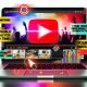 Digitale Zeitschriftentitelseite mit YouTube-Interface auf Laptop, auffälligem Play-Button, Analytics-Grafen und Fans im kreativen Arbeitsprozess.