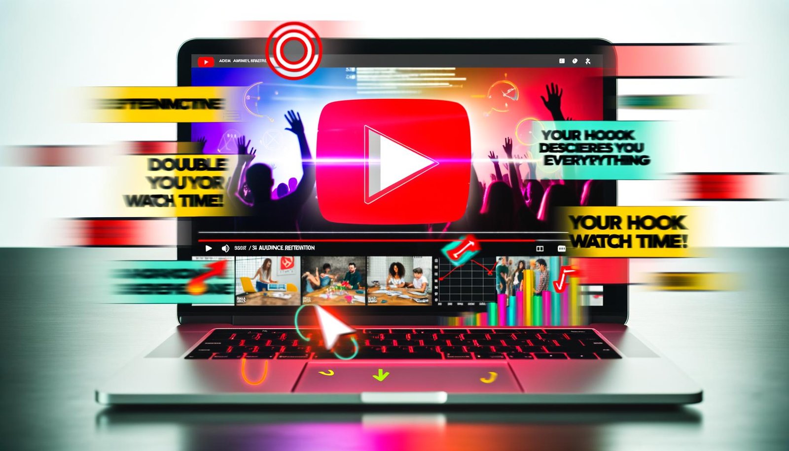 Digitale Zeitschriftentitelseite mit YouTube-Interface auf Laptop, auffälligem Play-Button, Analytics-Grafen und Fans im kreativen Arbeitsprozess.