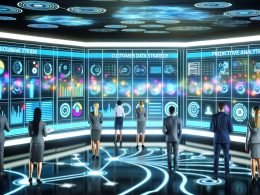 Futuristischer digitaler Kontrollraum mit schwebenden Dashboards, zentraler Datenplattform und Fachleuten, die datengetriebene Strategien und KI-Insights auswerten. Im Hintergrund ein stilisierter Datenpipeline-Bauplan; Lichtworte wie „Kundendaten Strategie“, „Predictive Analytics“ und „AI“ leuchten an den Wänden.