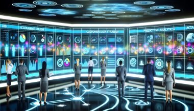 Futuristischer digitaler Kontrollraum mit schwebenden Dashboards, zentraler Datenplattform und Fachleuten, die datengetriebene Strategien und KI-Insights auswerten. Im Hintergrund ein stilisierter Datenpipeline-Bauplan; Lichtworte wie „Kundendaten Strategie“, „Predictive Analytics“ und „AI“ leuchten an den Wänden.
