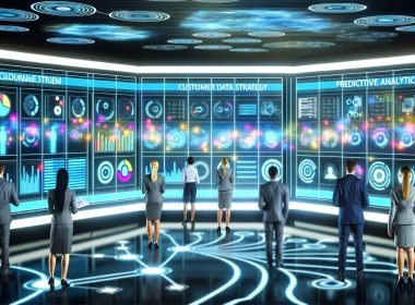 Futuristischer digitaler Kontrollraum mit schwebenden Dashboards, zentraler Datenplattform und Fachleuten, die datengetriebene Strategien und KI-Insights auswerten. Im Hintergrund ein stilisierter Datenpipeline-Bauplan; Lichtworte wie „Kundendaten Strategie“, „Predictive Analytics“ und „AI“ leuchten an den Wänden.