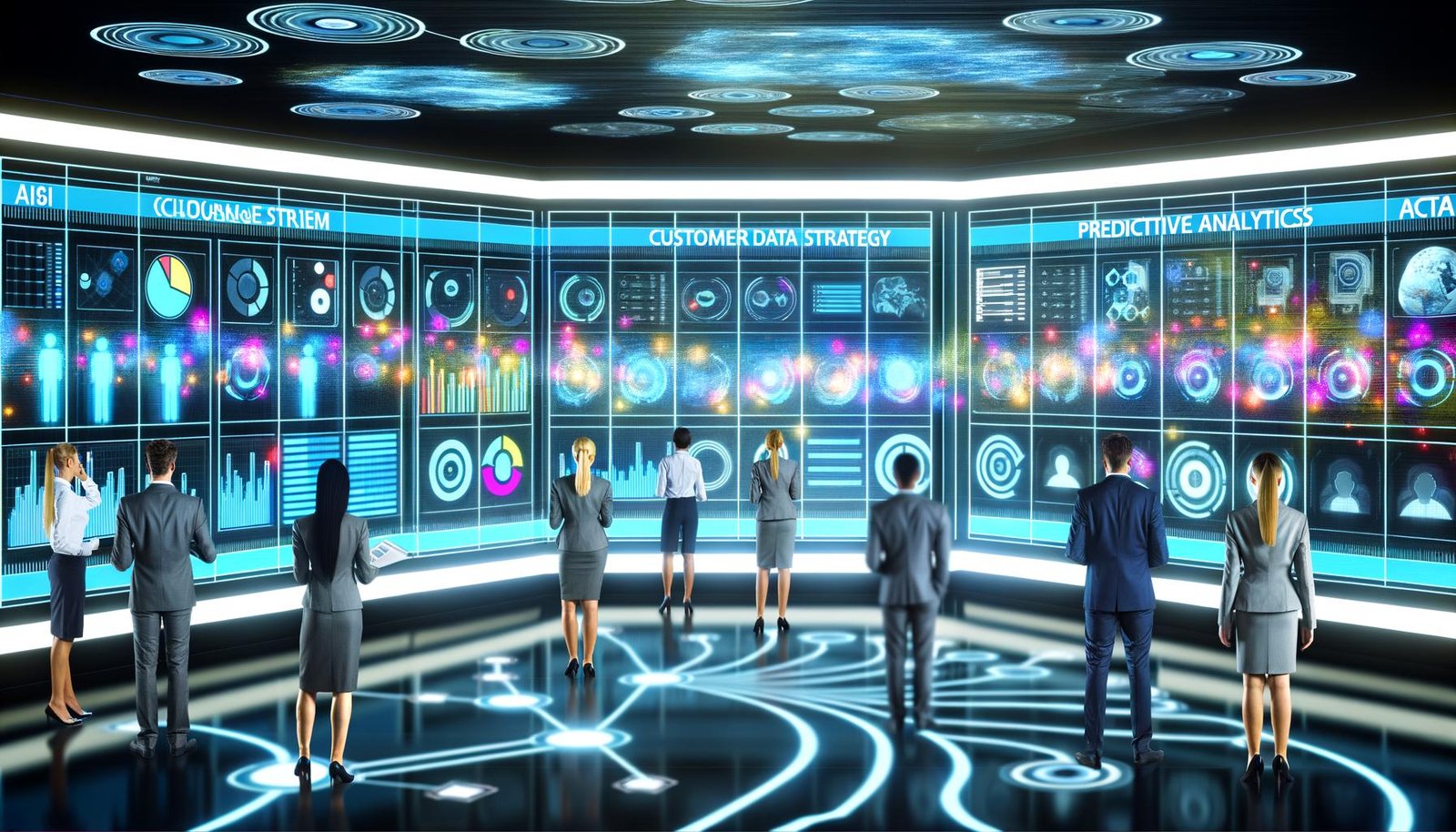 Futuristischer digitaler Kontrollraum mit schwebenden Dashboards, zentraler Datenplattform und Fachleuten, die datengetriebene Strategien und KI-Insights auswerten. Im Hintergrund ein stilisierter Datenpipeline-Bauplan; Lichtworte wie „Kundendaten Strategie“, „Predictive Analytics“ und „AI“ leuchten an den Wänden.