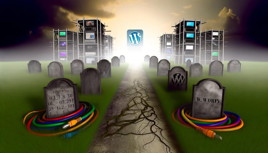 Dunkler digitaler Friedhof mit alten Monitoren, verwelkten Social Media-Icons und verblassten WordPress-Logos. Ein moderner Headless CMS leuchtet im Hintergrund, ein Pfad führt zu einer hellen, fortschrittlichen Blogging-Plattform mit SEO-Icons und APIs.